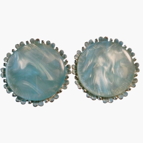 Elegant Blue Marbled Lucite Clip On Earrings  Silver Tone Scalloped Edge - Picture 1 of 5